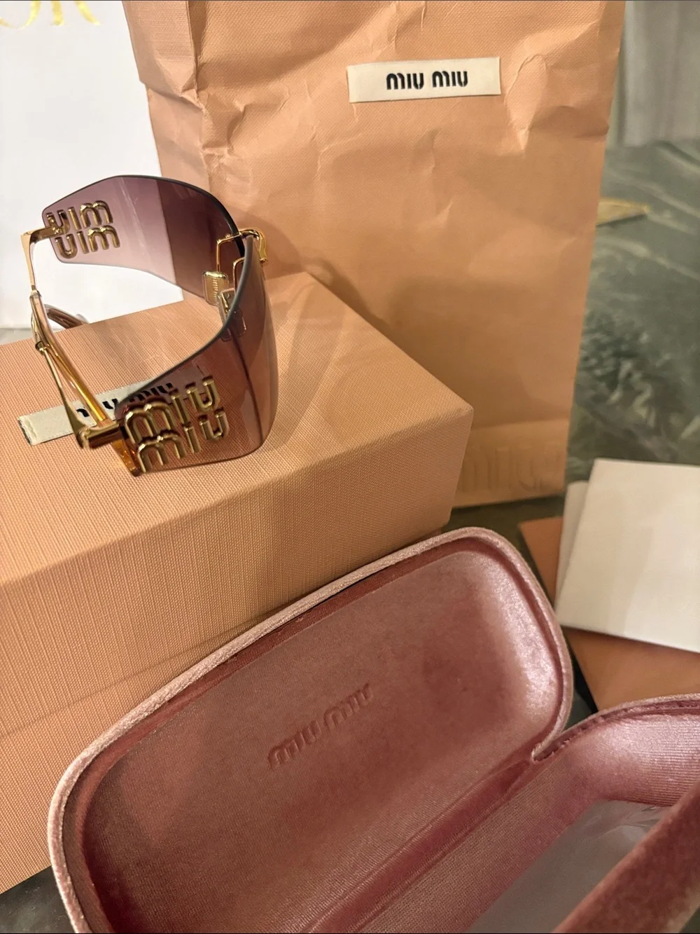 Miu Miu Rimless Sunglasses with Brown Gradient Lenses and Gold Temples